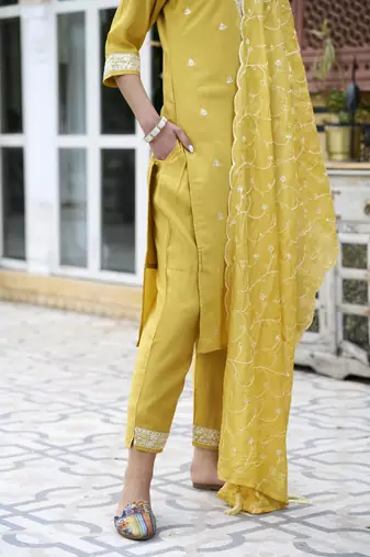 Yellow color silk blend smart embroidered trendy salwar suit