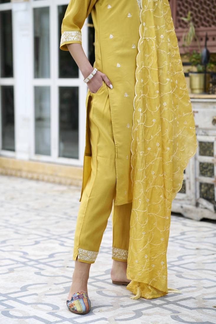 Yellow color silk blend fabric smart embroidered girlie trendy salwar suit