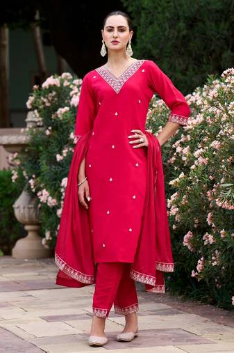 Pink color silk blend fabric smart embroidered girlie trendy salwar suit