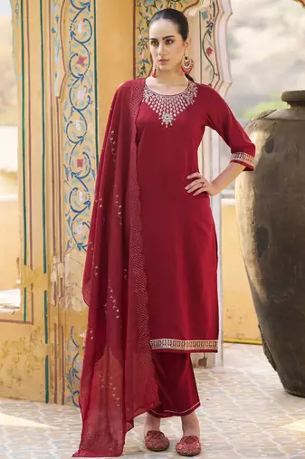 Maroon color viscose rayon fabric smart embroidered girlie trendy salwar suit