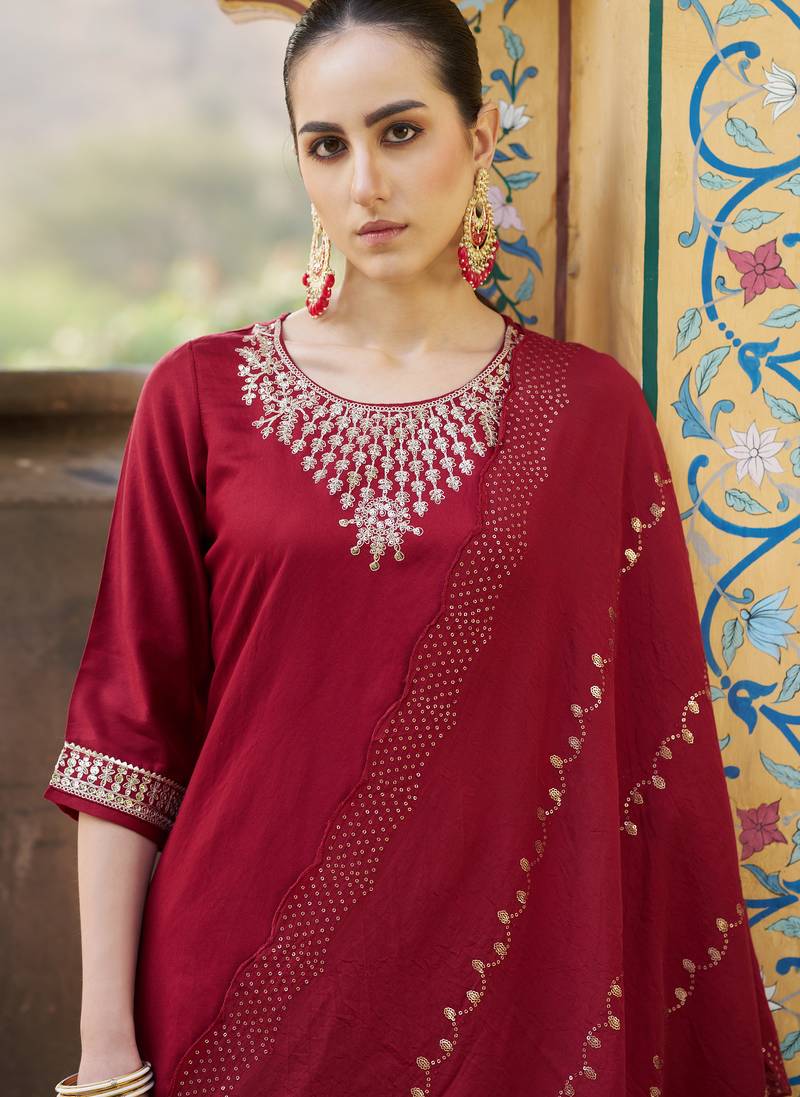 Maroon color viscose rayon fabric smart embroidered girlie trendy salwar suit