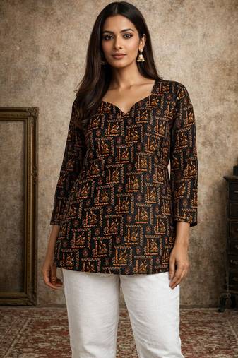 Black color designer digital printed muslin fabric foral ethnic kurta