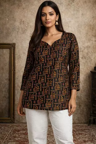 Black color designer digital printed muslin fabric foral ethnic kurta