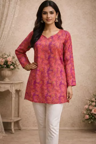 Purple color designer digital printed muslin fabric foral ethnic kurta