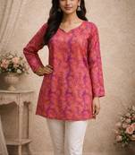 Purple color designer digital printed muslin fabric foral ethnic kurta