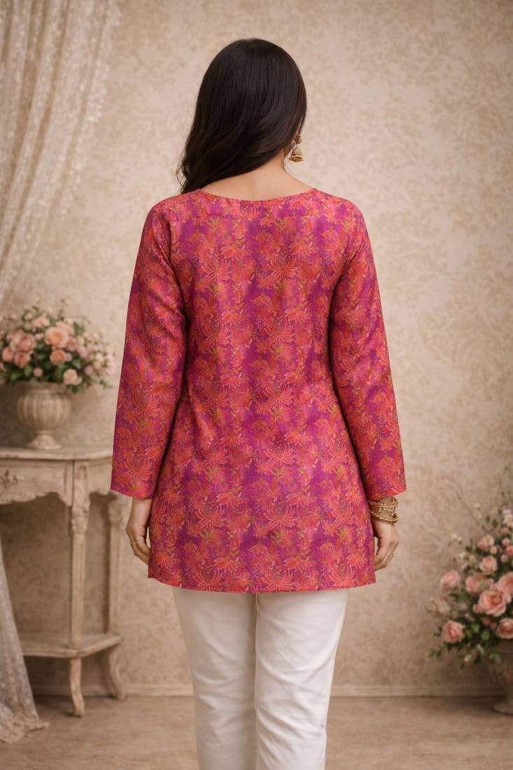 Purple color designer digital printed muslin fabric foral ethnic kurta