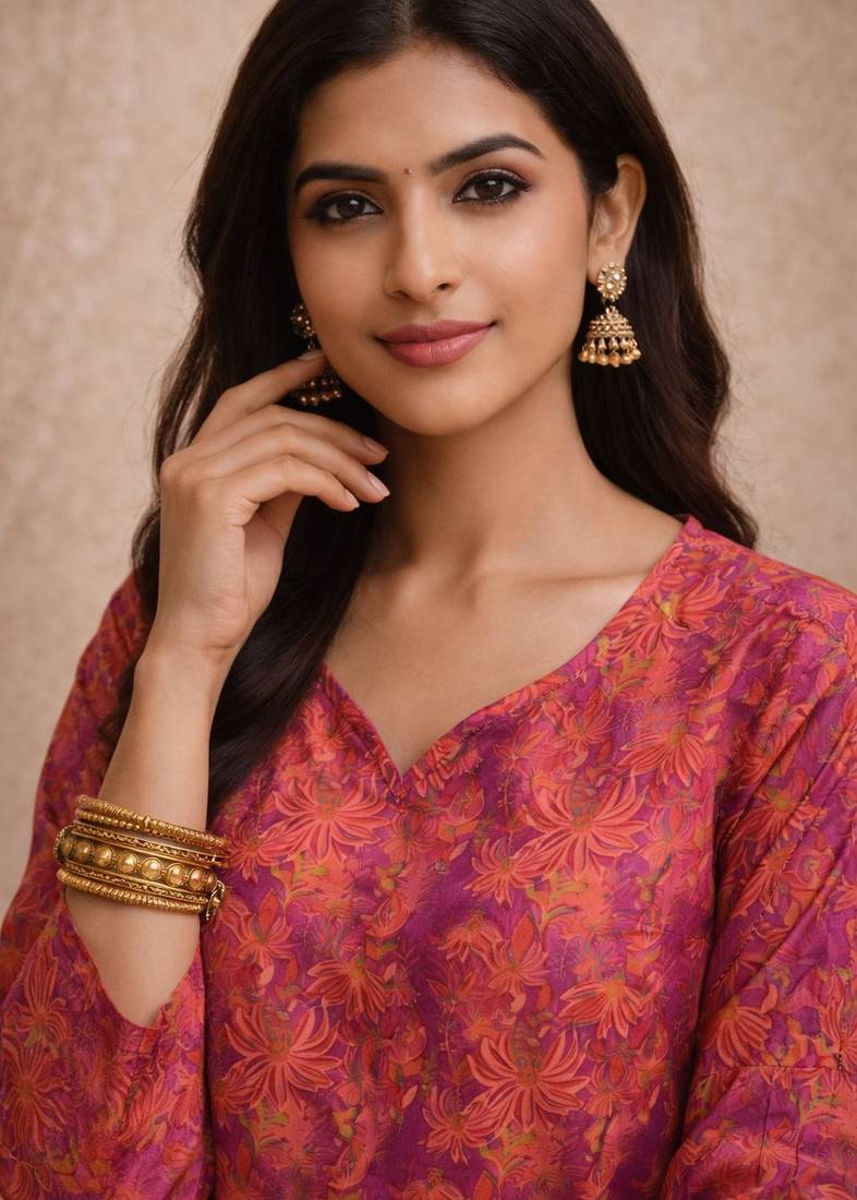 Purple color designer digital printed muslin fabric foral ethnic kurta