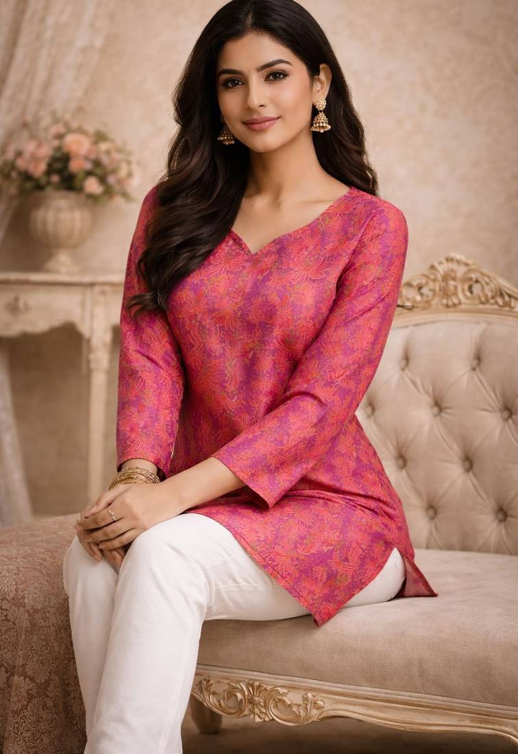 Purple color designer digital printed muslin fabric foral ethnic kurta