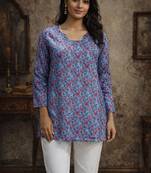 Blue color designer digital printed muslin fabric foral ethnic kurta
