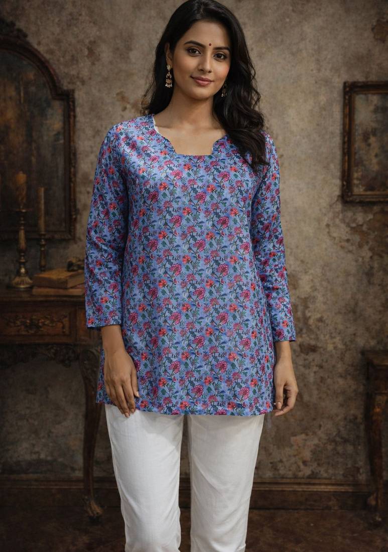 Blue color designer digital printed muslin fabric foral ethnic kurta