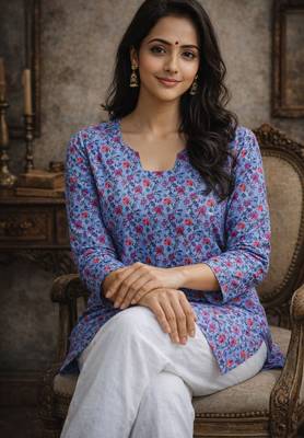 Blue color digital printed muslin foral kurta 4