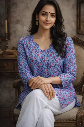 Blue color digital printed muslin foral kurta
