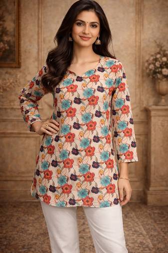 Off white color designer digital printed muslin fabric foral ethnic kurta