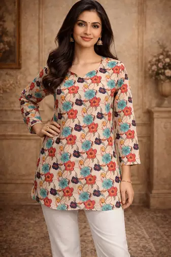 Off white color designer digital printed muslin fabric foral ethnic kurta