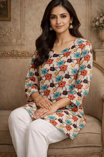 Off white color digital printed muslin foral kurta