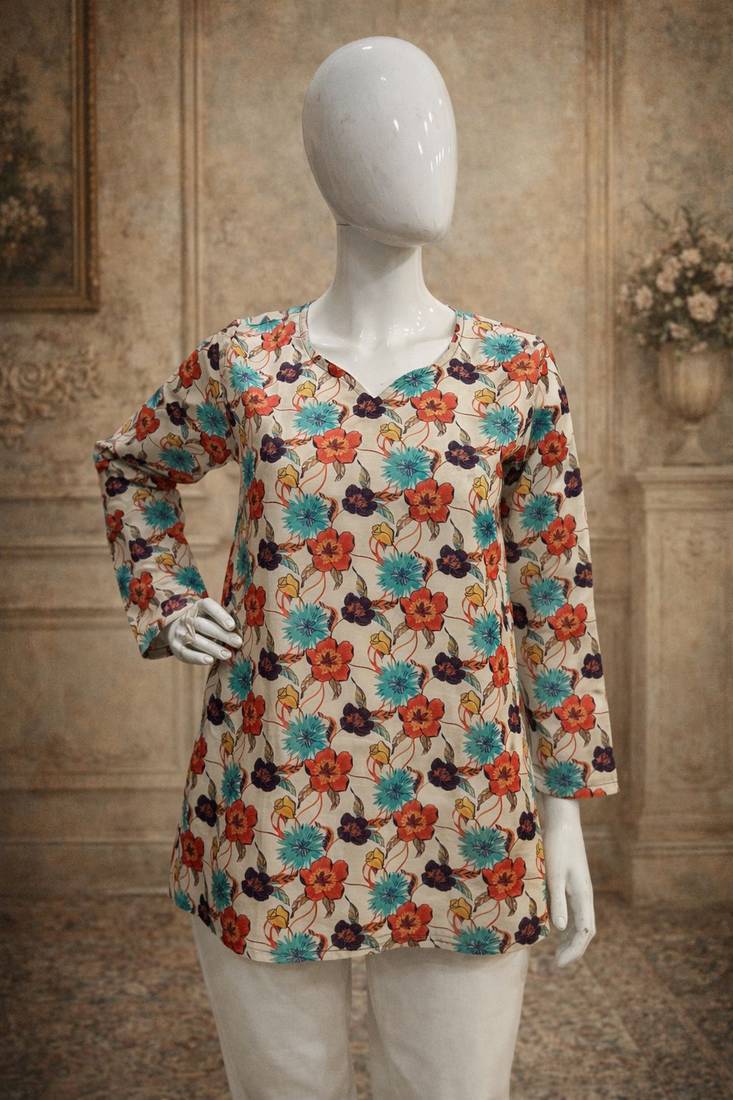 Off white color designer digital printed muslin fabric foral ethnic kurta