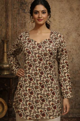 Cream color designer digital printed muslin fabric foral ethnic kurta