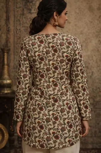 Cream color digital printed muslin foral kurta