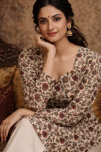 Cream color digital printed muslin foral kurta