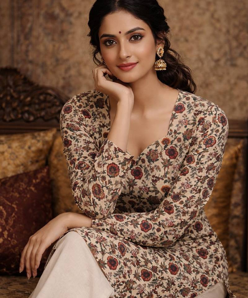 Cream color designer digital printed muslin fabric foral ethnic kurta