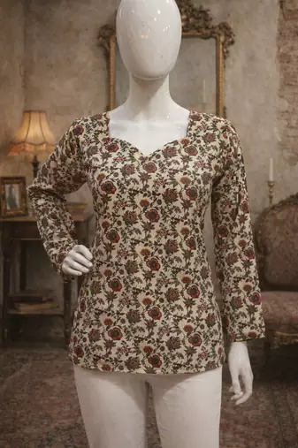 Cream color digital printed muslin foral kurta