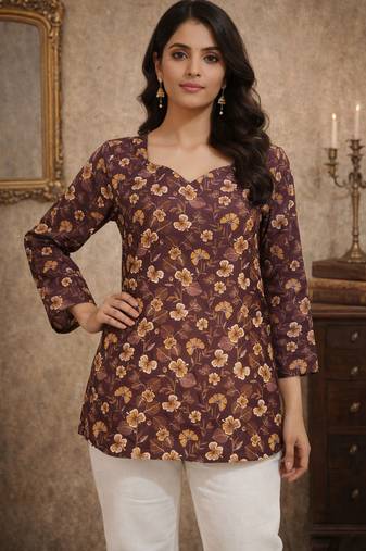 Wine color designer digital printed muslin fabric foral ethnic kurta