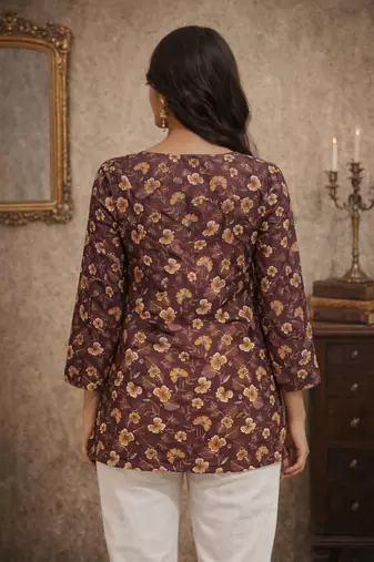 Wine color digital printed muslin foral kurta