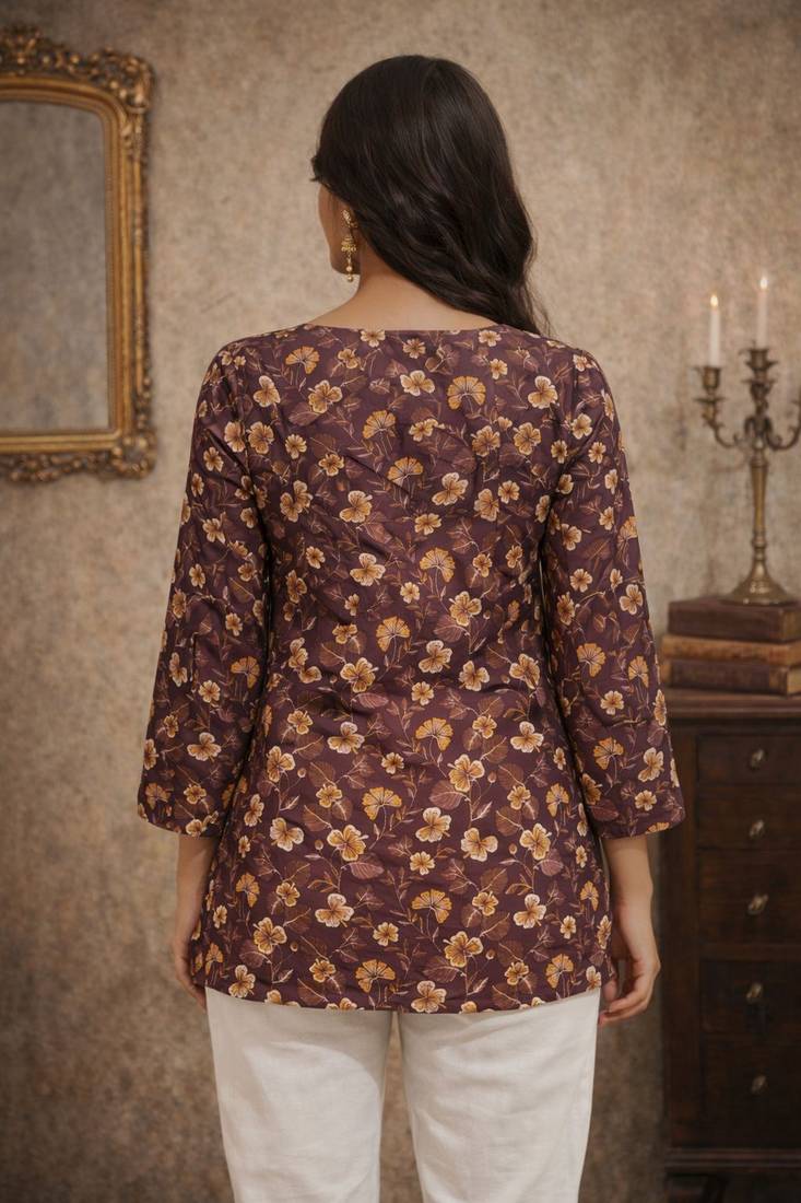 Wine color designer digital printed muslin fabric foral ethnic kurta