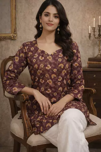 Wine color digital printed muslin foral kurta