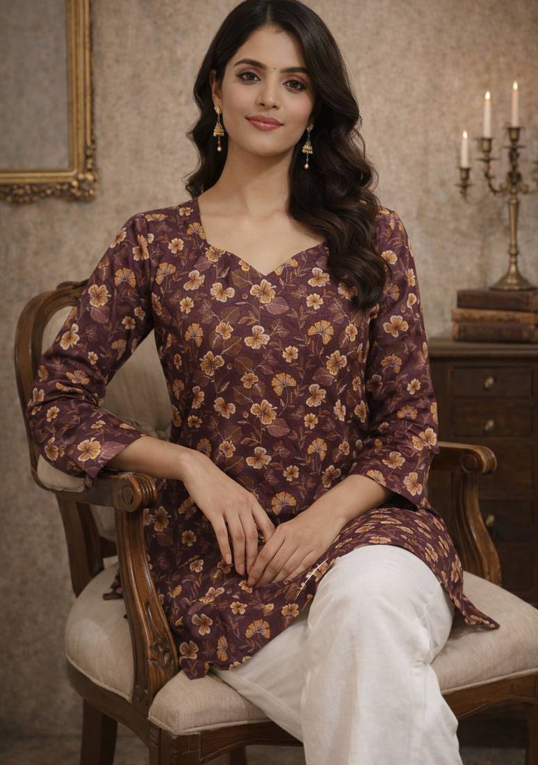 Wine color designer digital printed muslin fabric foral ethnic kurta