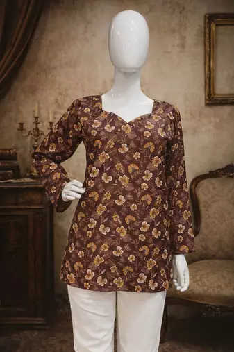Wine color digital printed muslin foral kurta