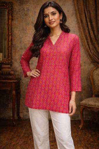 Pink color designer digital printed muslin fabric foral ethnic kurta