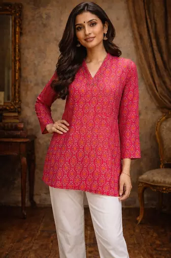 Pink color designer digital printed muslin fabric foral ethnic kurta