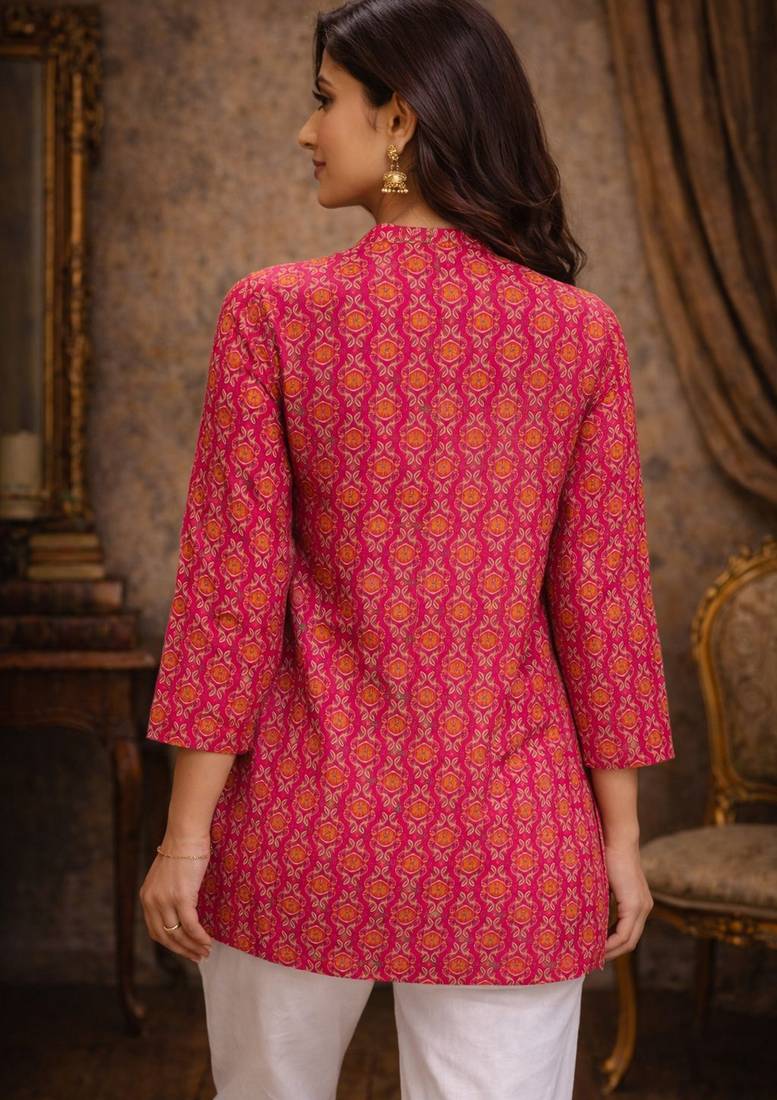 Pink color designer digital printed muslin fabric foral ethnic kurta