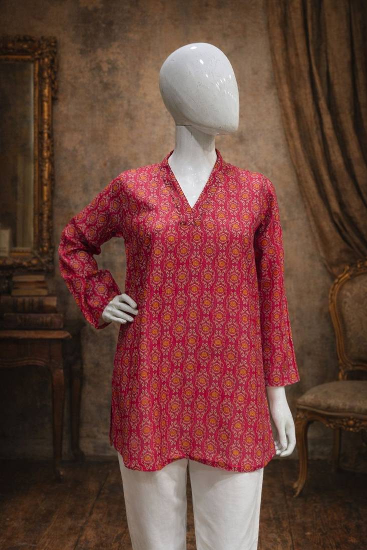 Pink color designer digital printed muslin fabric foral ethnic kurta