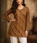 Orange color designer digital printed muslin fabric foral ethnic kurta