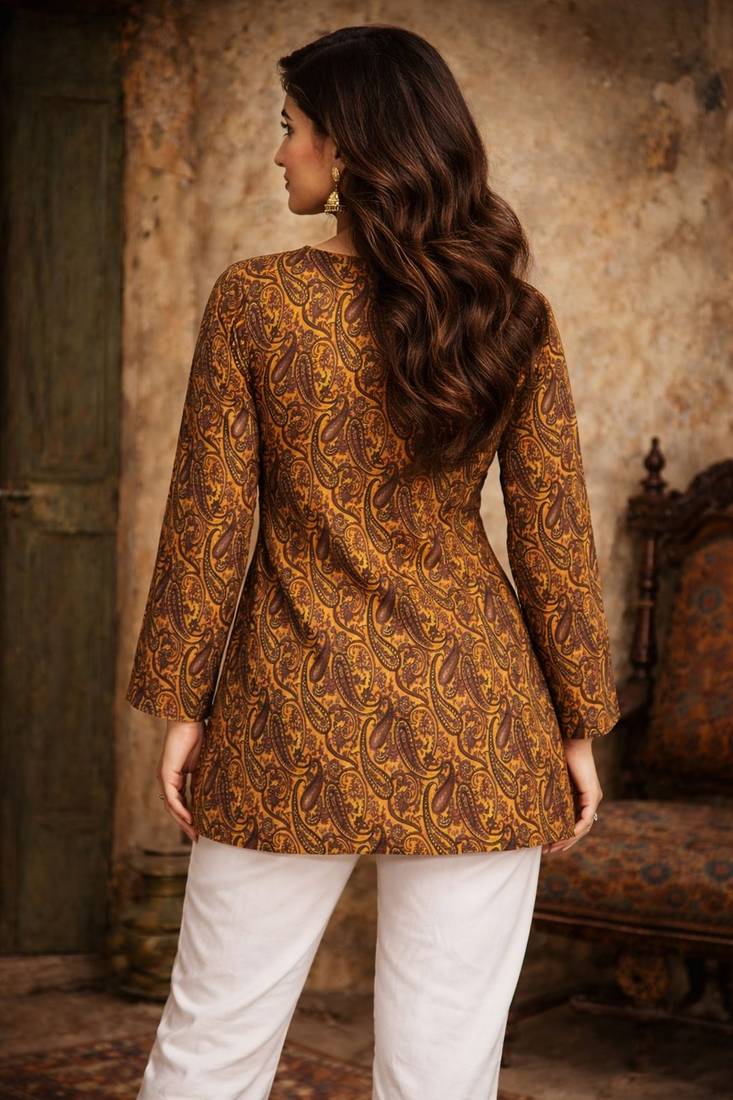 Orange color designer digital printed muslin fabric foral ethnic kurta