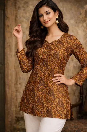 Orange color digital printed muslin foral kurta