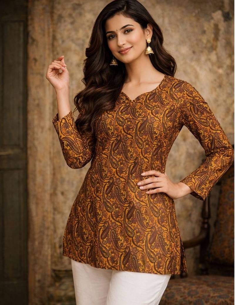 Orange color designer digital printed muslin fabric foral ethnic kurta