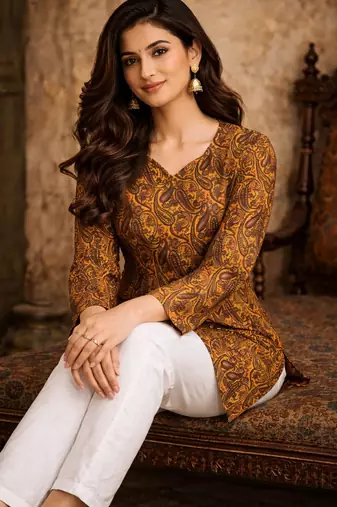 Orange color digital printed muslin foral kurta
