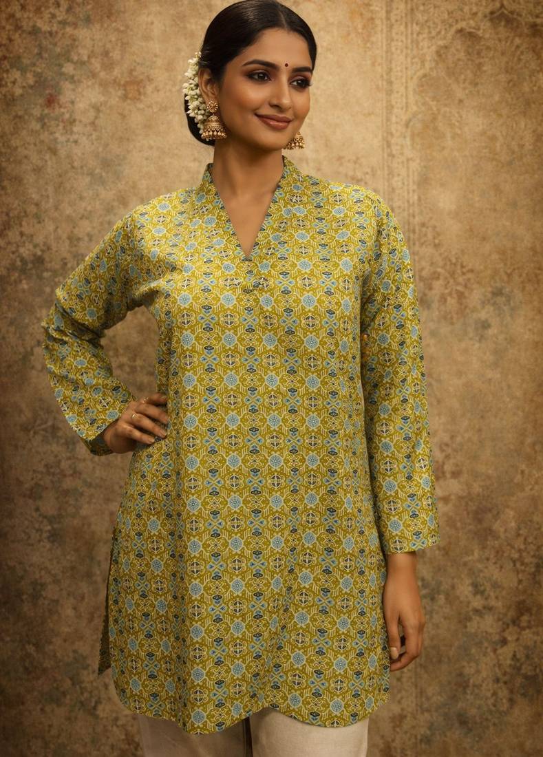Green color designer digital printed muslin fabric foral ethnic kurta