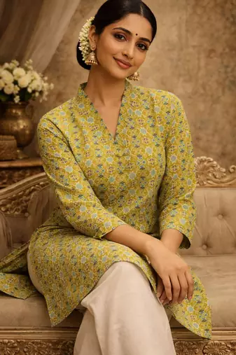 Green color digital printed muslin foral kurta