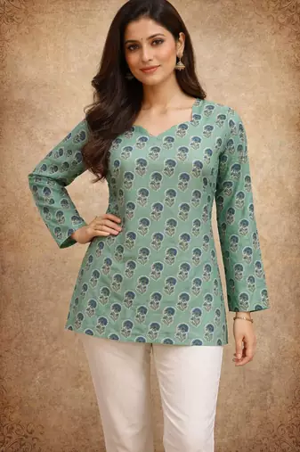 Green color designer digital printed muslin fabric foral ethnic kurta