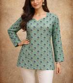 Green color designer digital printed muslin fabric foral ethnic kurta