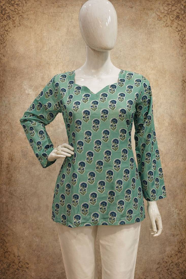 Green color designer digital printed muslin fabric foral ethnic kurta