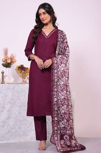 Wine color poly silk fabric smart ethnic partywear kurta set