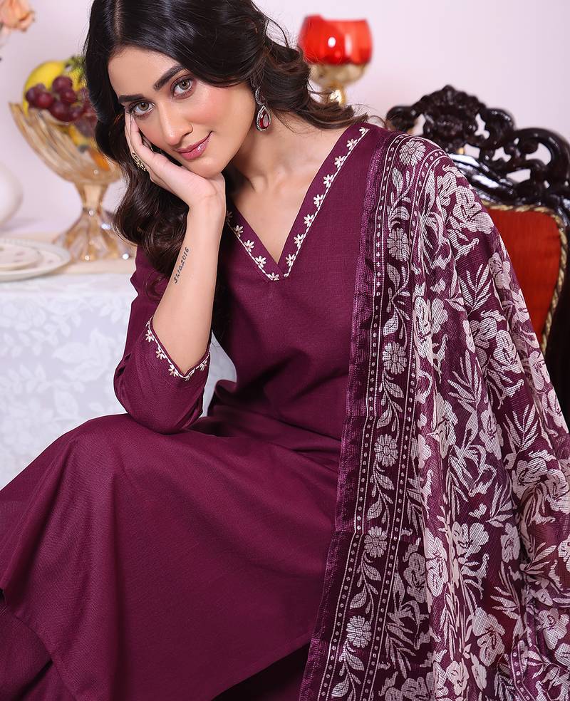 Wine color poly silk fabric smart ethnic partywear kurta set