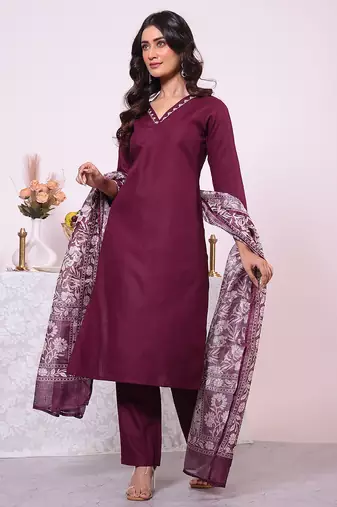 Wine color poly silk smart partywear kurta set