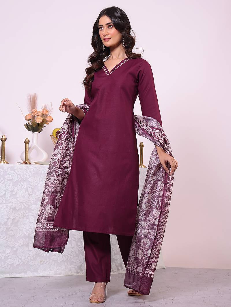 Wine color poly silk fabric smart ethnic partywear kurta set