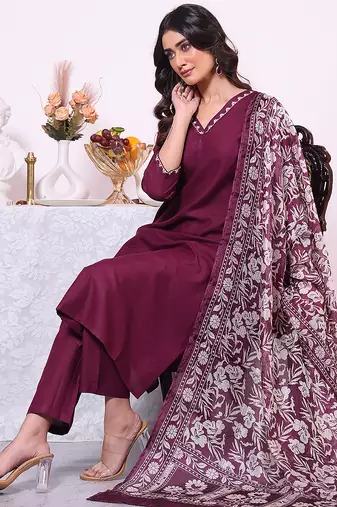 Wine color poly silk smart partywear kurta set